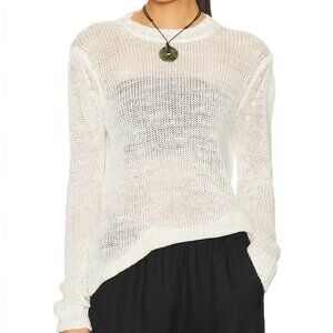NEW Enza Costa Linen Open Knit Long Sleeve Crew Crewneck Sweater in White Small